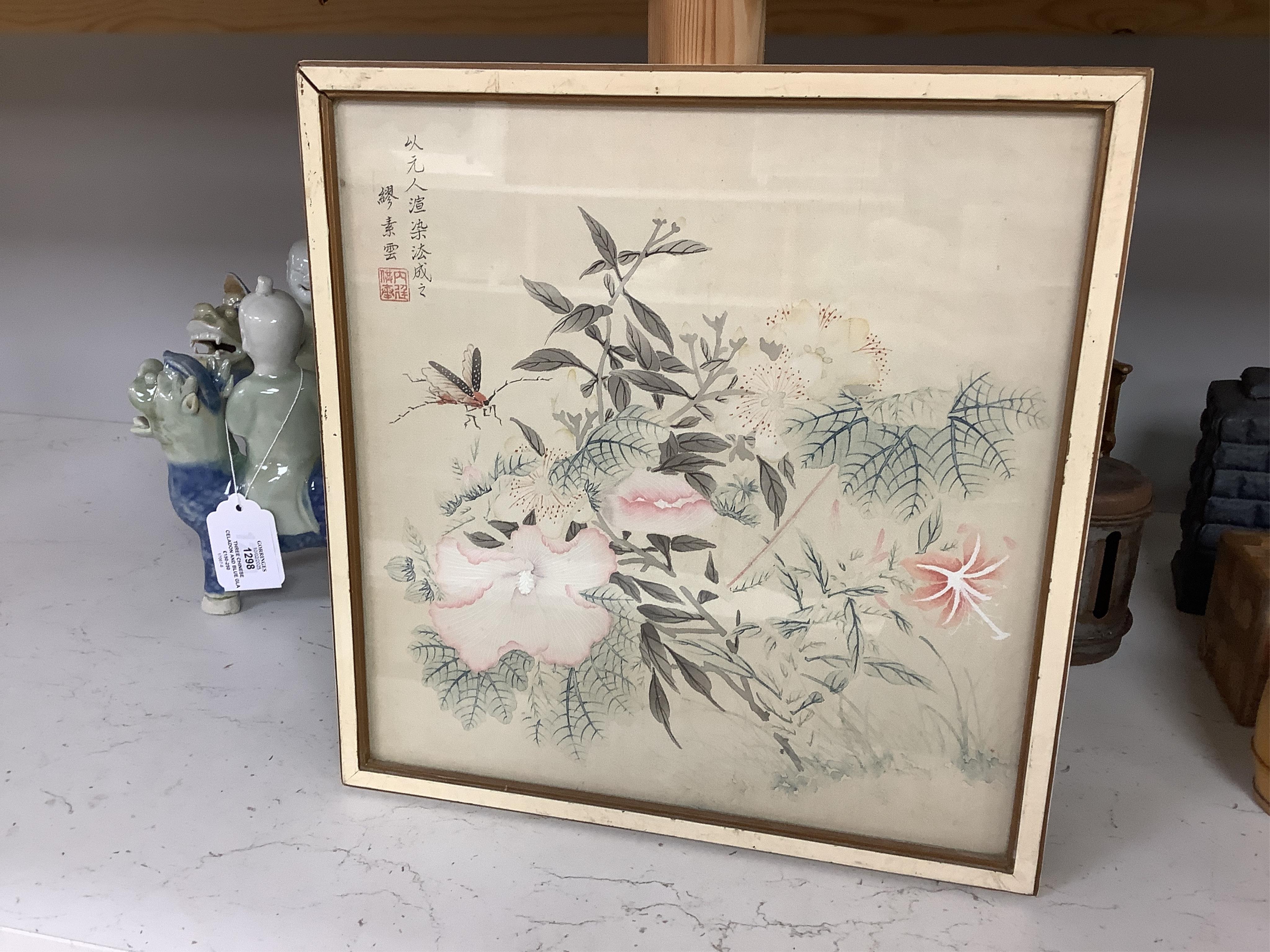 20th century, Japanese School, set of eight watercolours on silk, Flowers and insects, signed with character marks and red seal mark, 27 x 26cm. Condition - fair